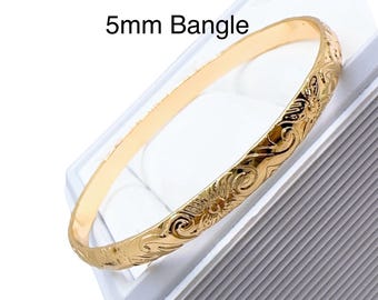 5mm Hamilton Gold Hawaii Tropical Flower and Wave Scroll Design Bangle