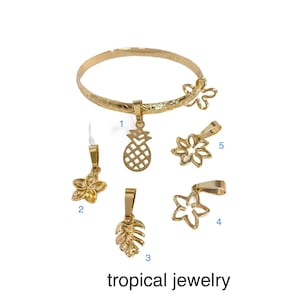 5mm Hamilton Gold Hawaii Tropical Flower and Wave Scroll Design Bangle with Flower Charm and Add on Charms Pineapple Tiare Plumeria Monstera