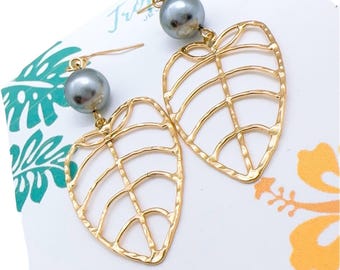 Hawaiian Hamilton Taro Leaf Wire Hamilton Gold Earring or Necklace with Shell Pearl