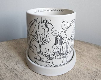 Plant Lady Pot with Saucer - Ceramic Pot - Plant Pot Art - 4.75" Diameter