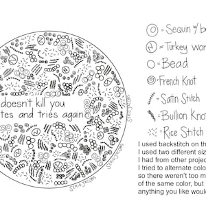 May include: A black and white illustration of a circle filled with various embroidery stitches, beads, and sequins. The text "what doesn't kill you mutates and tries again" is written inside the circle. The different stitches are labeled with their names: sequin/bead, turkey work, bead, French knot, satin stitch, bullion knot, and rice stitch.