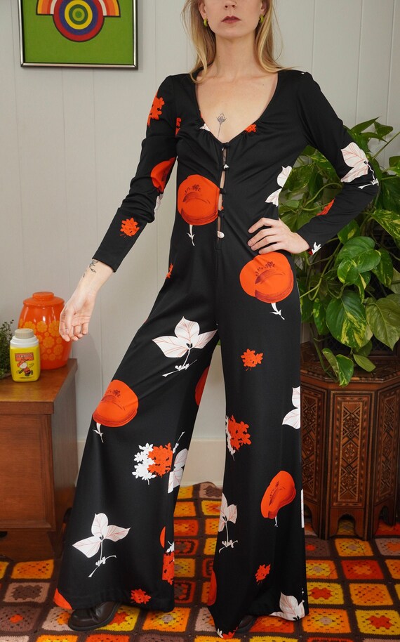 70s Palazzo Jumpsuit Black Jumpsuit Red + White Fl
