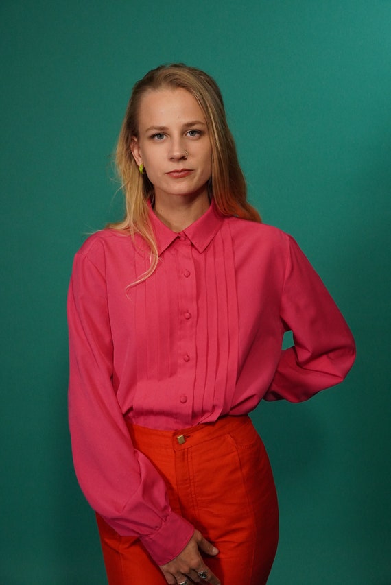 80s Hot Pink Pleated Secretary Blouse Button Up, 1