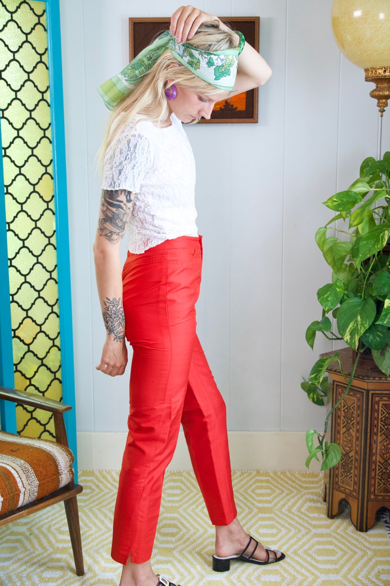 Red Cigarette Pants Red Raw Silk 