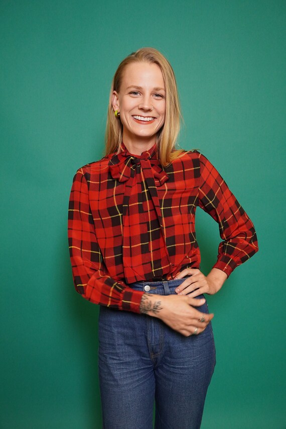 Silk Tartan Blouse, Vintage Silk Blouse, Silk Plai