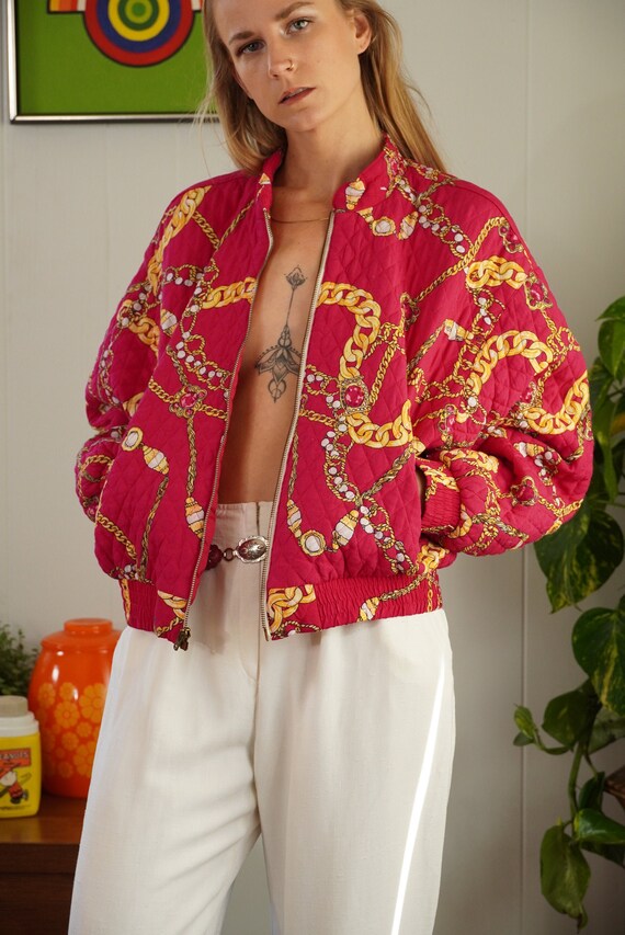 Pink Baroque Bomber Jacket 90s Jewelry Print Jacke