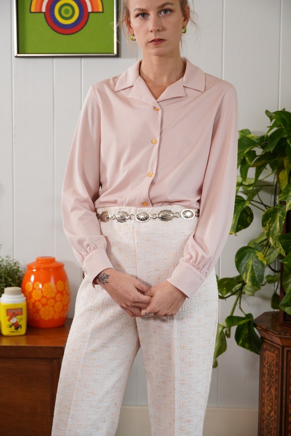 70s dusty rose pink sheer blouse shirt long sleeve