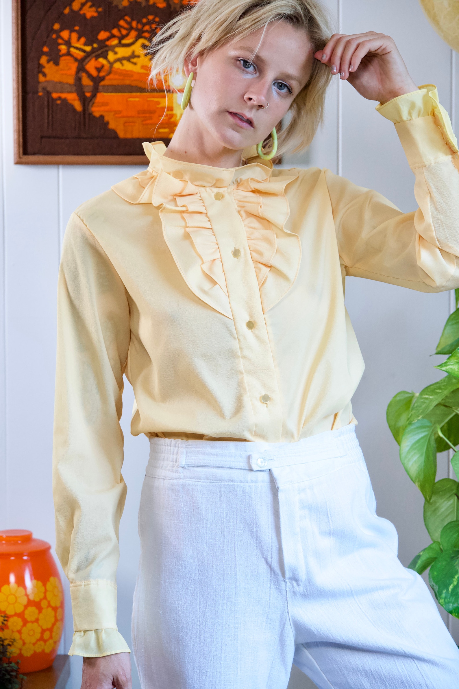 Yellow Ruffle Blouse Jabot Collar Blouse Mock Neck 70s Pastel Etsy
