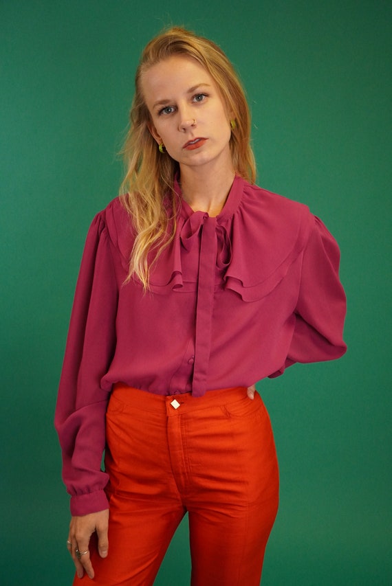 Vintage Sheer Fuchsia Pussy Bow Blouse With Ruffle