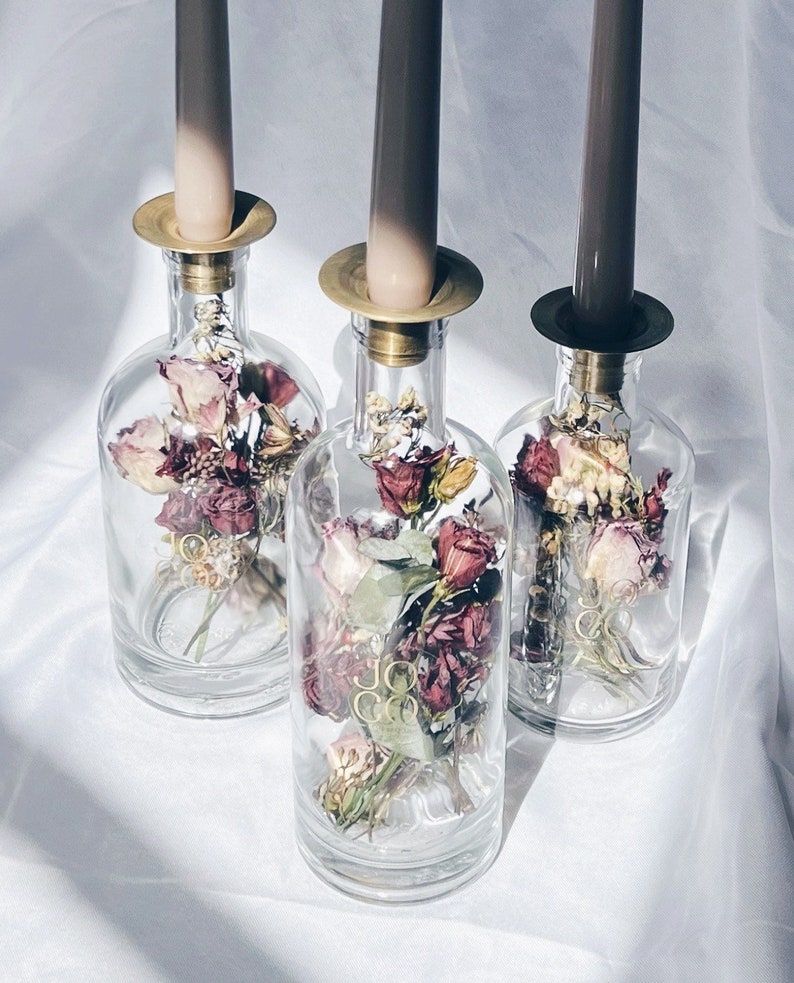 Preserved bridal bouquet dried flower glass bottle candle holder Set of Three