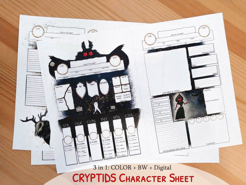 Cryptid Character sheet DnD: Mothman, Fresno nightcrawlers, Cthulhu, Wendigo & Flatwoods Monster. Color + BW + Digital 