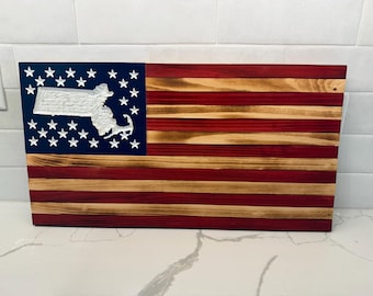 Wooden Massachusetts Flag | Hand-Stained American Flag Decor