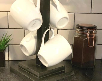 Coffee mug stand, 4 cup holder, Rustic mug holder, Coffee bar piece, Veteran made