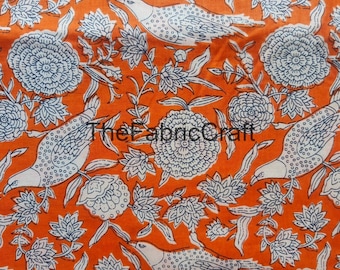Bird Print Cotton Fabric: Indian Hand Block Printed Fabric By The Yard