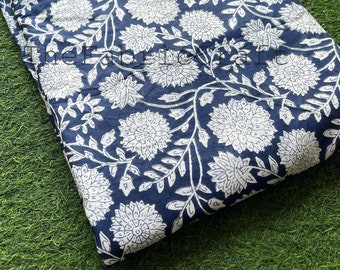 Navy Blue Floral Cotton Fabric: Indian Hand Block Print By The Yard