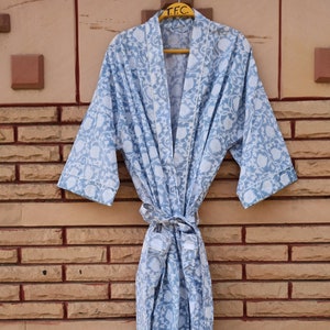 Hand Block Print Cotton Kimono Robe, Floral Print Kimono Dress, Indian Handmade Kimono, Nightwear Dress, Beach Cover Ups