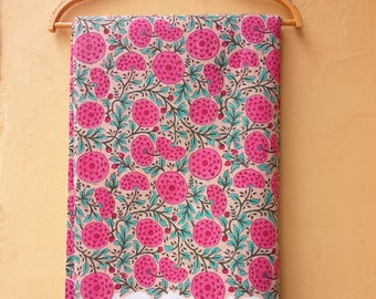 Pink Floral Block Print Cotton Fabric: Indian Dress Fabric By Yard