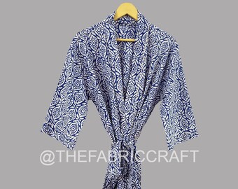 Handmade Cotton Kimono Robe: Block Print Long Dressing Gown