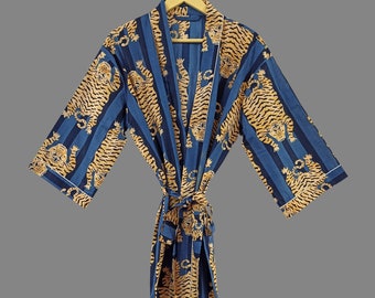 Handmade Tiger Print Kimono Robe: Indian Cotton Dressing Gown
