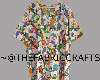Bird Print Cotton Kaftan Dress, Indian Caftan, Beach Cover Up
