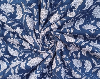 Blue Floral Cotton Fabric: Indian Hand Block Print Sewing Fabric By Yard