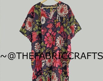 Floral Print Cotton Kaftan Dress: Indian Maxi Beach Cover Up