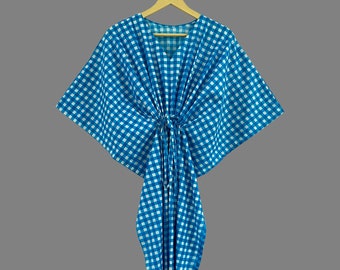 Handmade Cotton Caftan Dress: Check Print Beach Cover Up