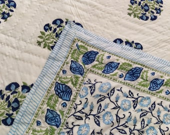 Hand Block Print Cotton Quilt: Floral Reversible Bedspread