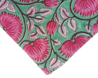 Tela con estampado floral de loto, algodón indio hecho a mano, tela de costura cortada a medida