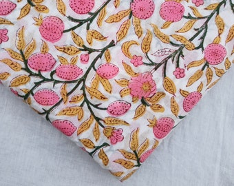 Pink Floral Block Print Cotton Fabric - Indian Handmade Fabric By The Yard