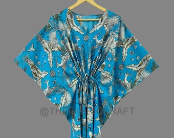 Bridesmaid Gown, Kaftan For Women's, Bird Print Caftan, Handmade Soft Cotton Kaftan, Women's Clothing, Turquoise Caftan Dress