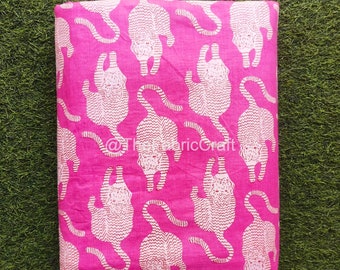 Pink Tiger Print Cotton Fabric: Lightweight Indian Block Print By The Yard