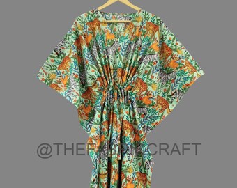 Cotton Kaftan Maxi Dress: Indian Animal Print Beach Cover-Up