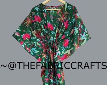 Vestido caftán de algodón hecho a mano: Vestido largo tipo pareo con estampado de pájaros verdes