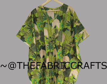 Handmade Cotton Kaftan Maxi Dress: Bird Print Beach Cover-Up