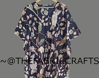 Bird Print Cotton Kaftan Dress: Boho Beach Cover Up, Plus Size