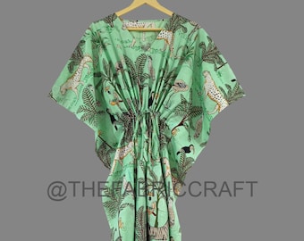 Handmade Cotton Kaftan Dress: Jungle Print Beach Cover-Up