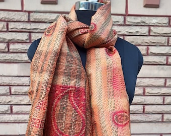 Hand Stitched Kantha Scarf, Reversible Silk Scarf, Vintage Silk Scarf, Bohemian Scarves, Indian Silk Shawl