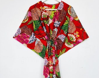 Caftan en coton rouge, nouveau caftan à imprimé floral, robe caftan indienne en pur coton doux, robe longue, robe de nuit, couvertures de plage