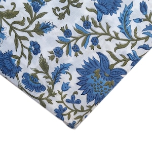 Blue Floral Block Print Fabric, Cotton Fabric By The Yard, Soft Cotton Fabric, Dress Fabric, Kids Fabric
