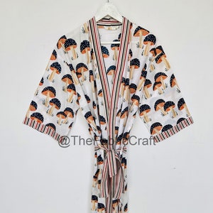 100% Soft & Pure Cotton Light Weight Kimono Robe, Mushroom Print Block Print Kimono, Indian Hand Printed Kimono, Dress For to be Moms