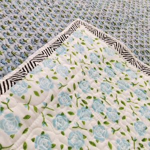 Handmade Indian Cotton Quilt: Reversible Block Print Throw