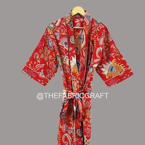 Beautiful Red Color 100% Soft Cotton Kimono Robe, Japanese Kimono, Handmade Kimono, Crown Print Kimono, Women&#39;s Clothing, Long Dressing Gown