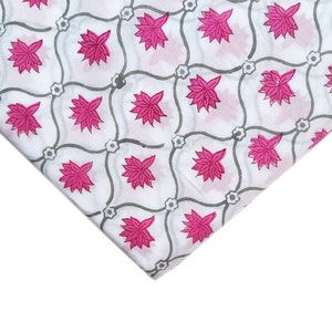 Pink Floral Block Print Cotton Fabric - Indian Sewing Fabric By The Yard
