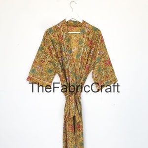 Handmade Cotton Kimono Robe: Indian Block Print Dressing Gown