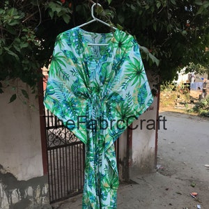 New Green Lief Print Soft Cotton Kaftan Dress, Indian Caftan, Maxi Dress, Nightwear Dress, Beach Cover Up, Long Dressing Gown, Sleepwear