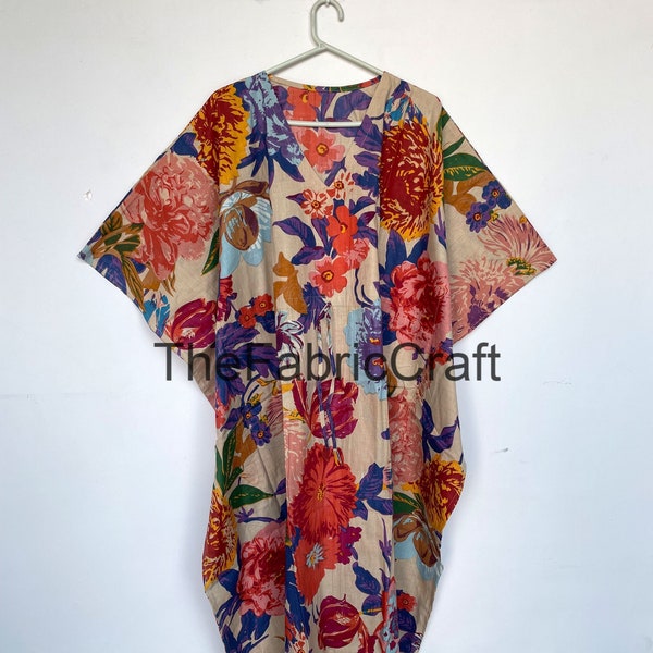 Indiase zachte katoenen kaftanjurk, kaftan met bloemenprint, maxi-jurk, nachtkledingjurk, strandbedekking, moederschapsjurk voor moeders