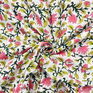 Beautiful Pink Floral Print Soft Cotton Fabric, Indian Hand Block print cotton Fabric By The yard, Handmade Fabric, Dressmaking Fabric