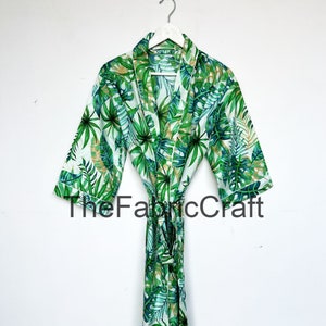 Beautiful Green Lief Print Cotton Kimono Robe, Maternity Dress For to be Moms, Beachwear, Nightwear Dress, Bath Robe, Long Dressing Gown