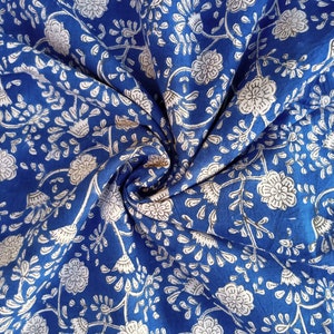 Blue Floral Block Print Cotton Fabric: Indian Hand Printed Fabric By The Yard